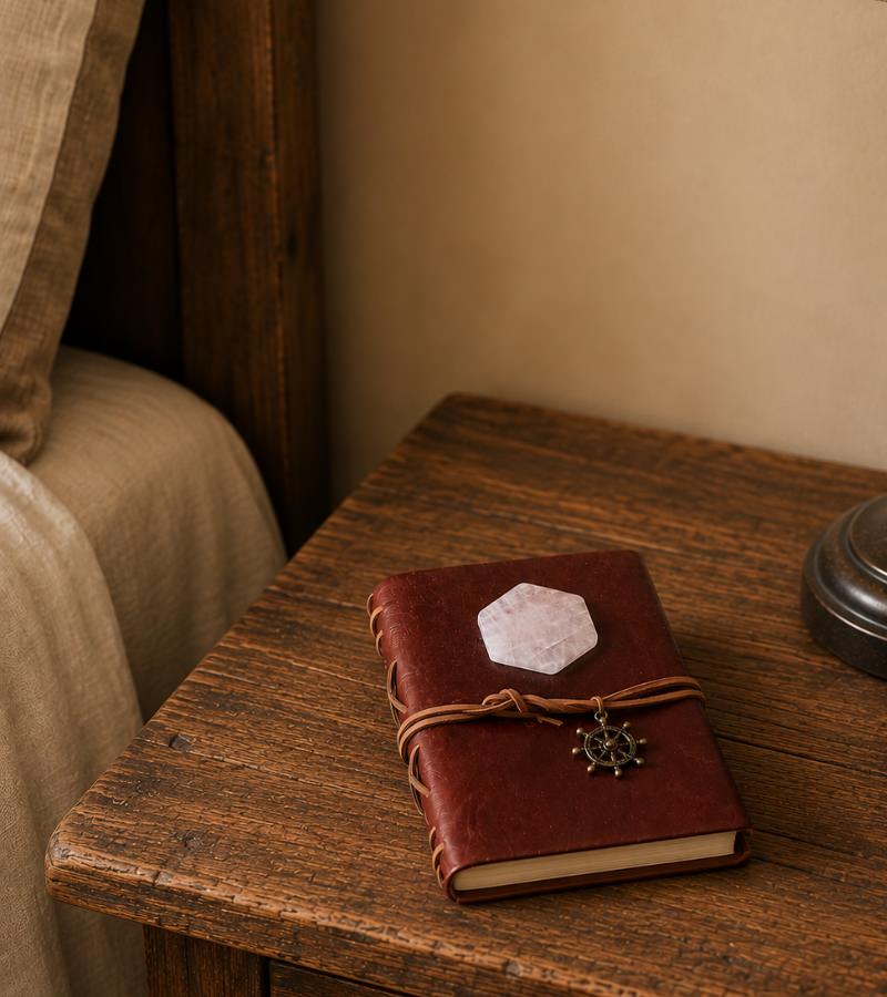 Hexigone Crystal Journal on Bedside Table