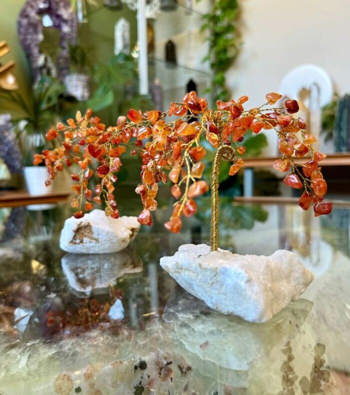 Carnelian Crystal Willow Tree on white quartz base