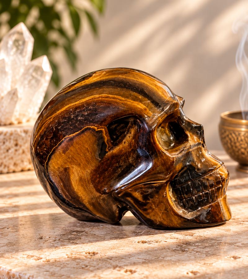 Close Up on Tiger Eye Crystal Skull