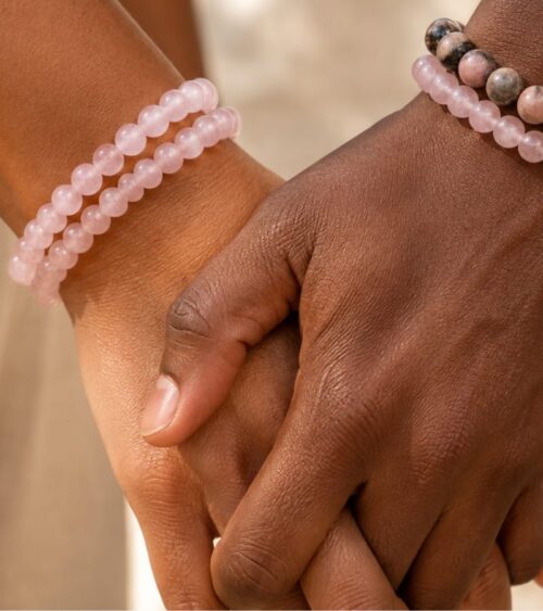 Couple in Rose Quartz and Rhodonite Crystal Bracelets