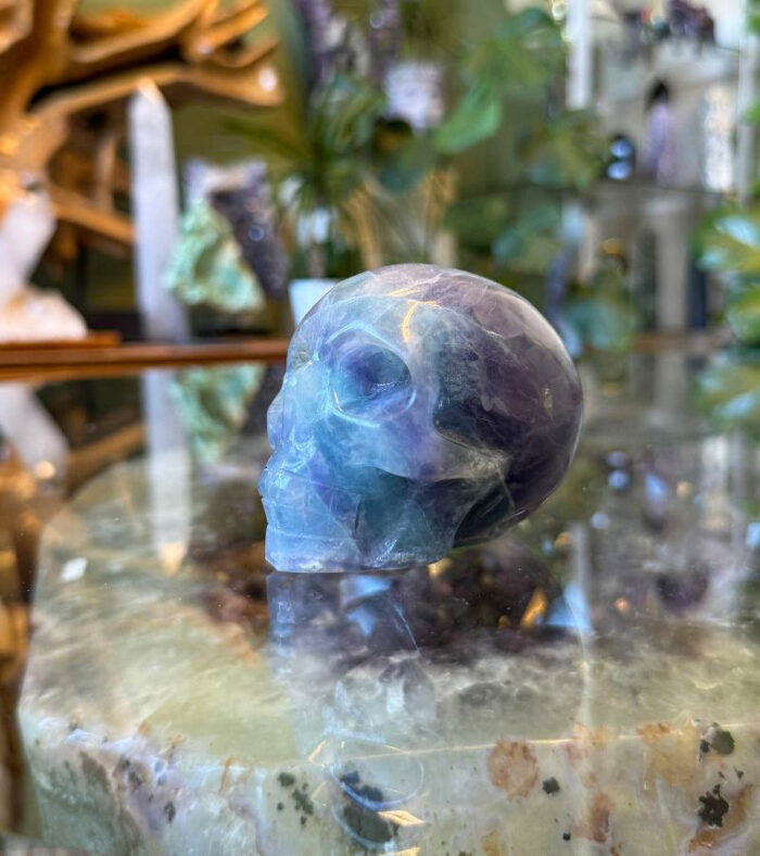 Elevate your mental clarity and cleanse negative energy with the Fluorite Crystal Skull.