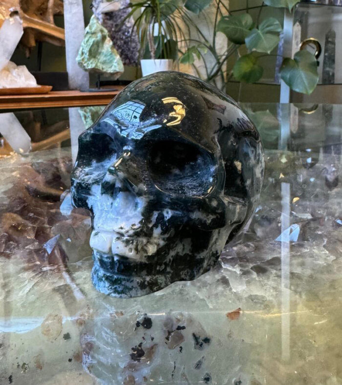 Moss Agate Crystal Skull - Deepens connection to Earth and nature's cycles