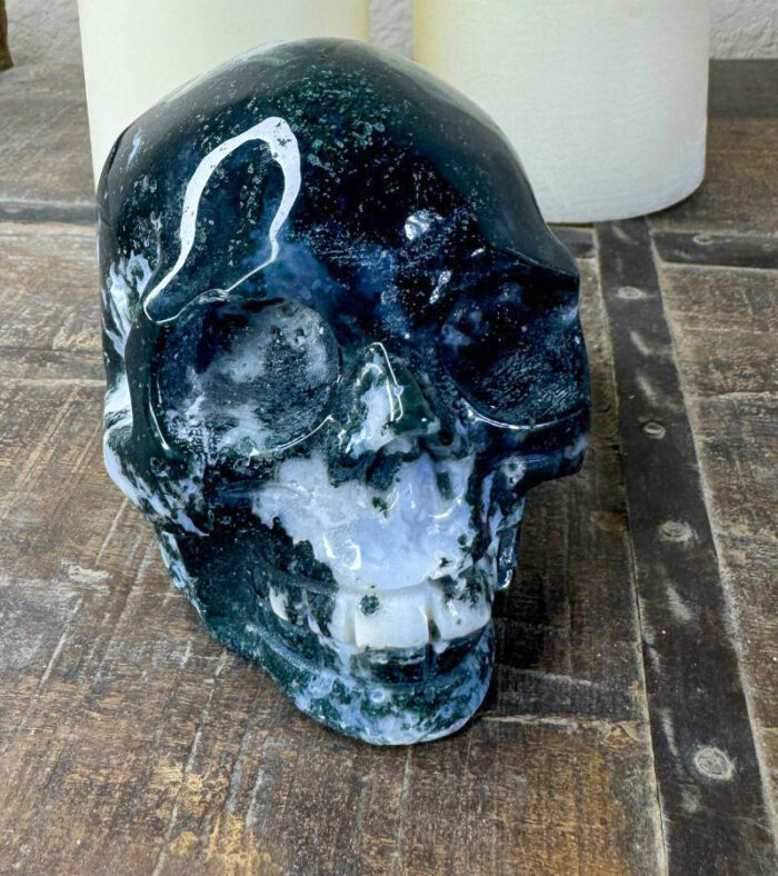 Moss Agate Skull for grounding and emotional healin