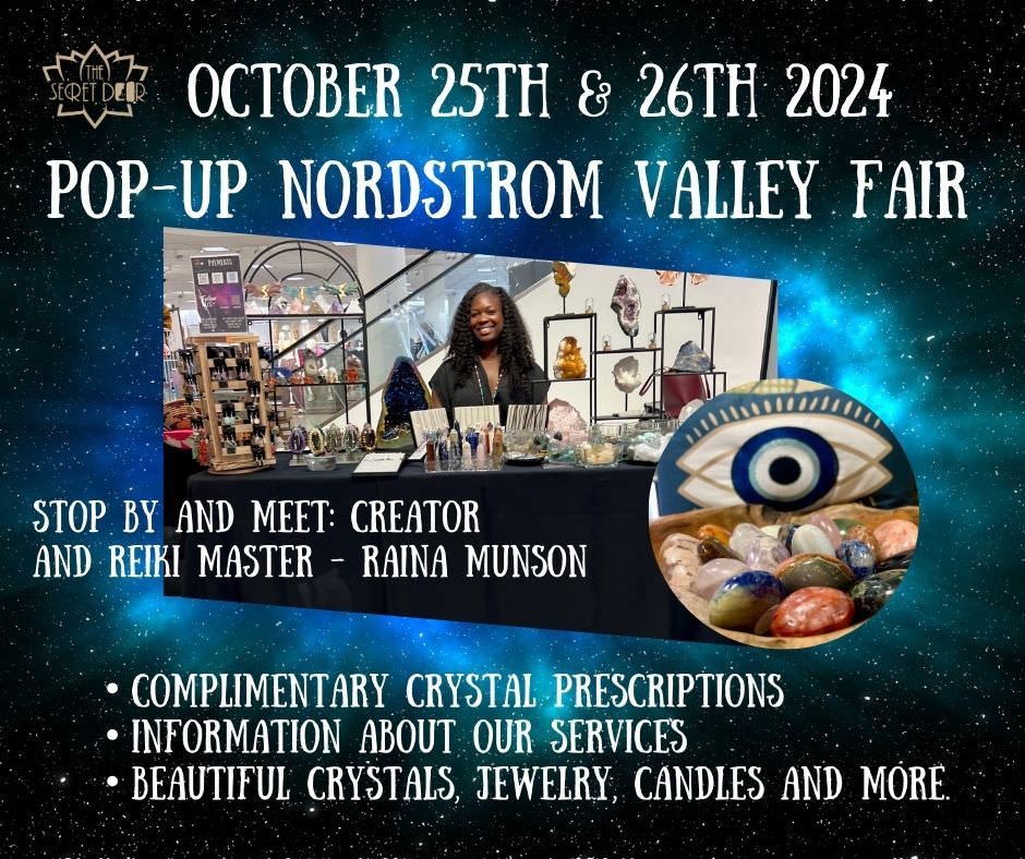 The Secret Door pop-up shop at Nordstrom Valley Fair featuring crystals, candles, incense, bath and body products, and healing energy gifts