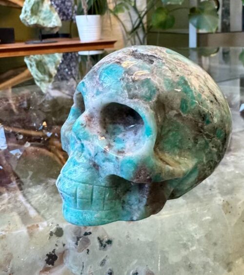 Side View Amazonite Crystal Skull