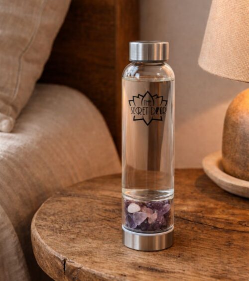 Amethyst Crystal Water Bottle on Bedside Table