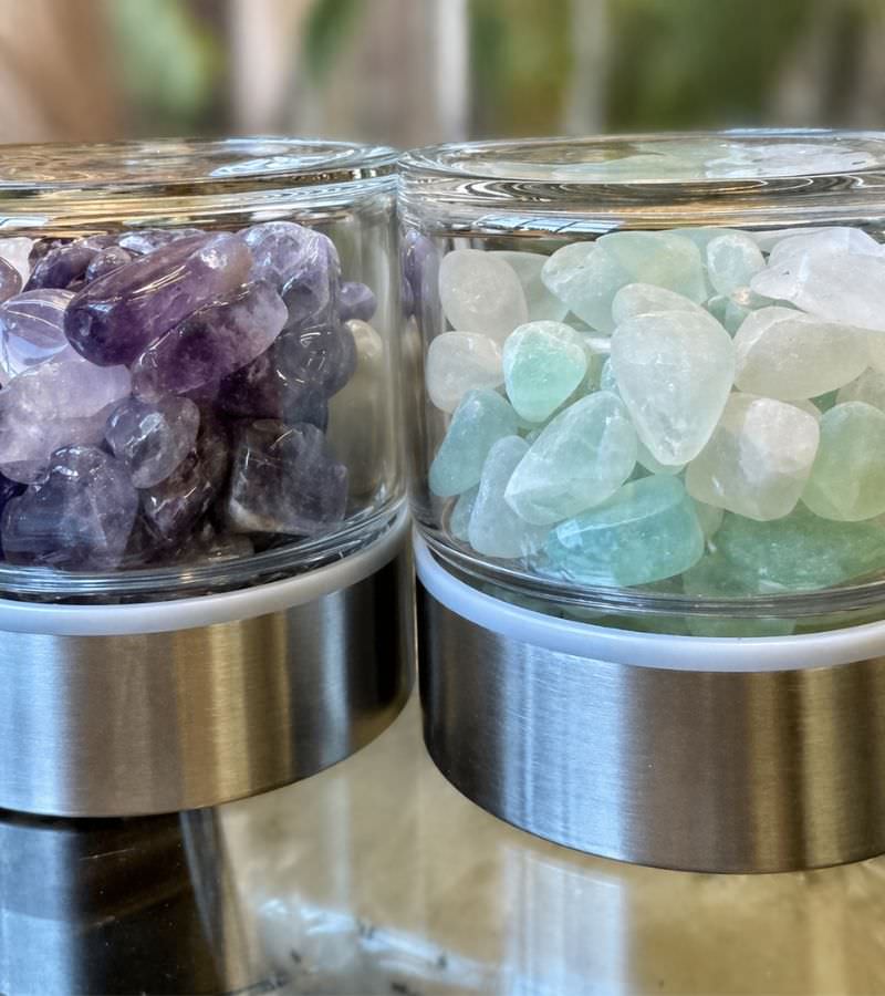 Close Up Gemstone Water Bottles Amethyst and Flourite