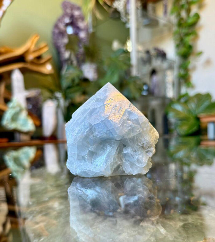 The energy of a Raw Base Blue Calcite Point is soothing, calming, and deeply restorative