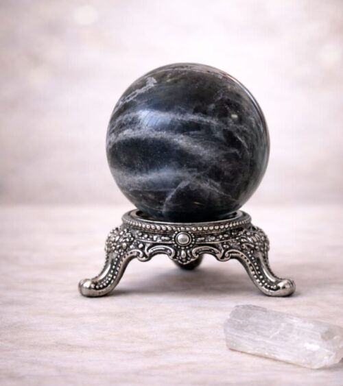 Black Moonstone Sphere on Silver Stand