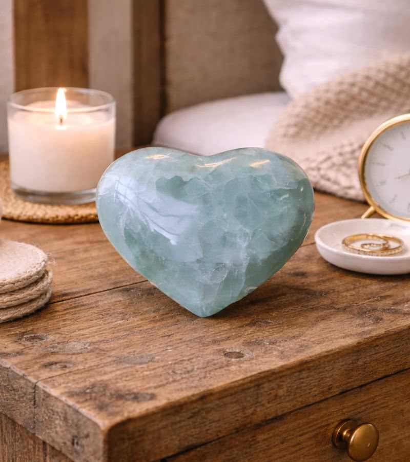 Green Flourite Heart on Nightstand