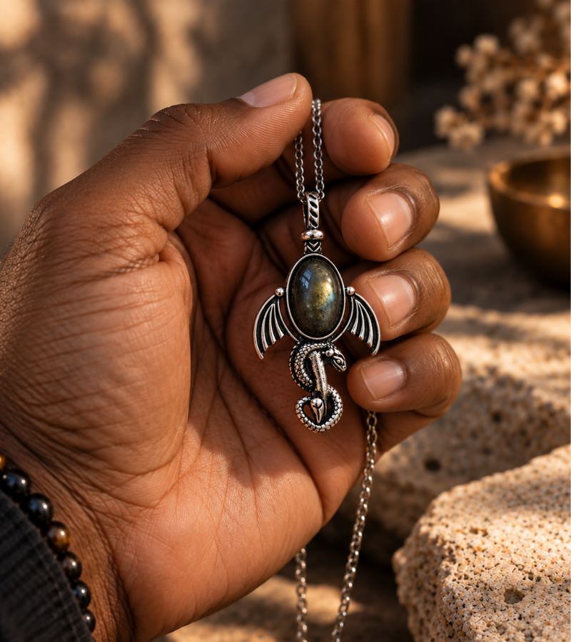 Men's Black Obsidian Dragon Necklace in Hand