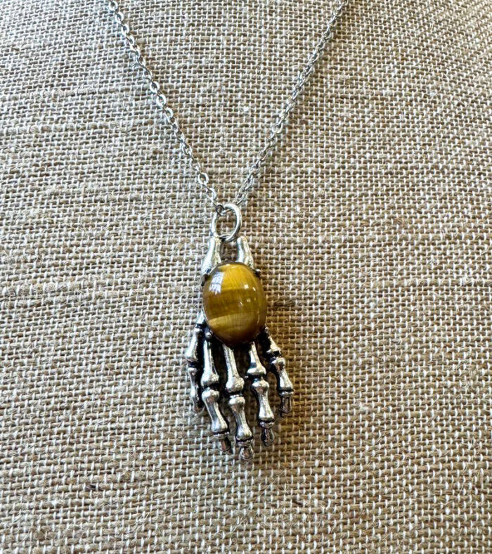 Men's Tiger Eye Skeleton Hand Pendant