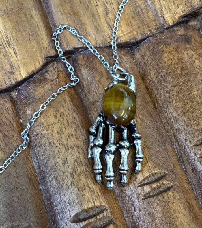 Men's Tiger Eye Skeleton Hand Pendant