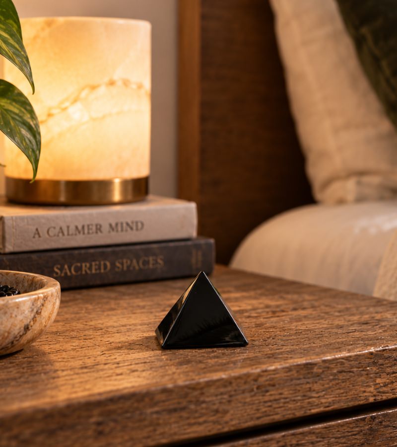 Black Obsidian Pyramid on Nightstand