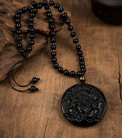 Men's Black Obsidian Ganesha Pendant