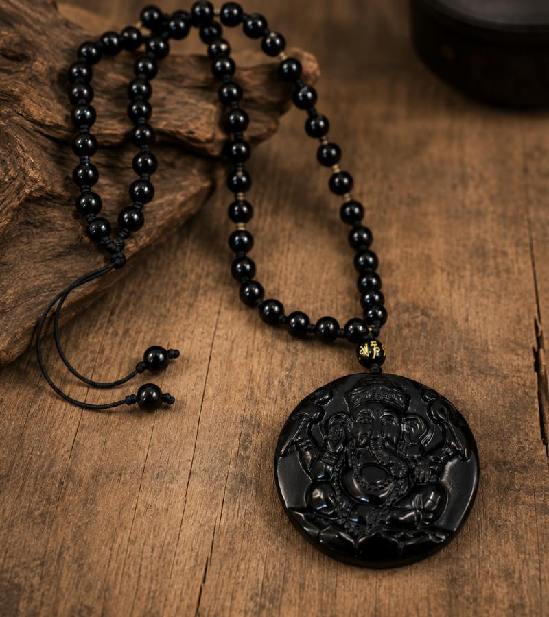 Men's Black Obsidian Ganesha Pendant