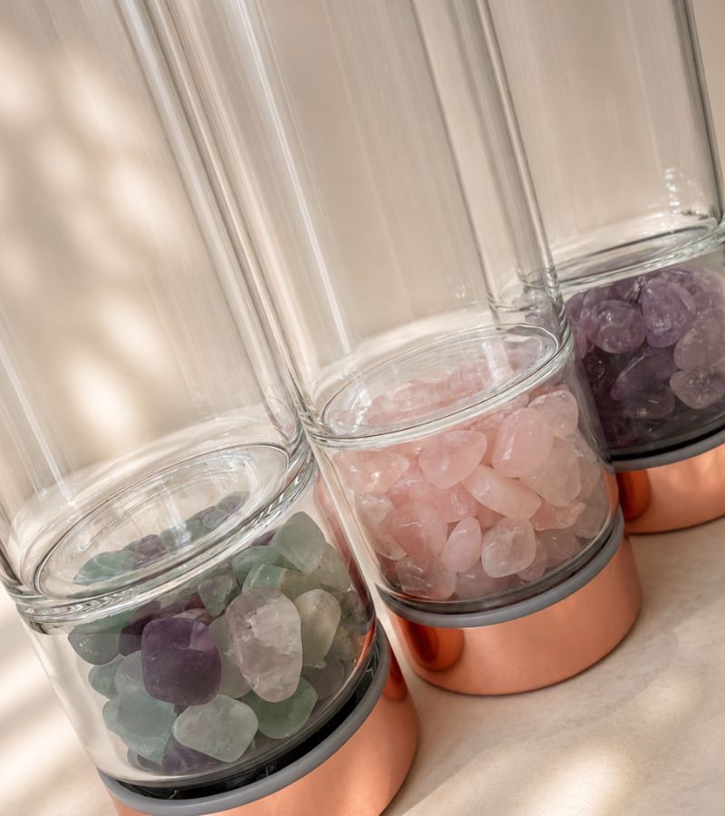 Close Up Crystal Gem Water Bottles Rose Gold Flourite, Rose Quartz and Amethyst