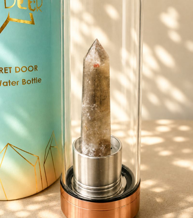 Close Up On Smoky Quartz Elixir Crystal Water Bottle - Rose Gold