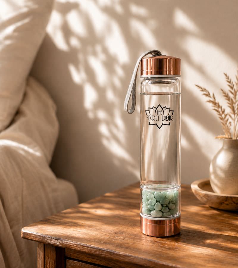 Green Aventurine Crystal Water Bottle on Bedside Table
