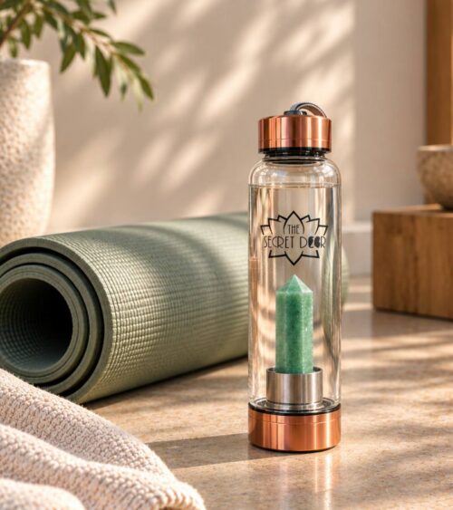 Green Aventurine Elixir Water Bottle Rose Gold with Yoga Mat