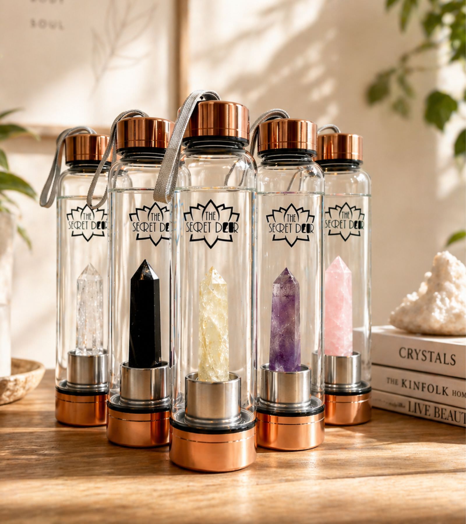 The Secret Door Rose Gold Crystal Elixir Water Bottles with Crystal Books