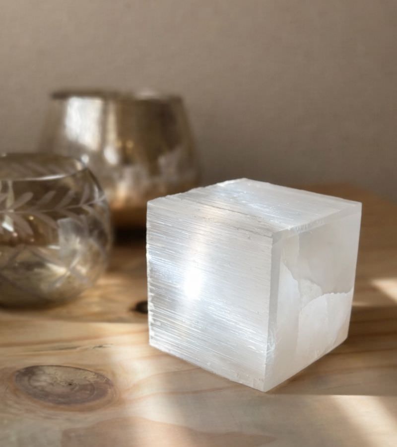 Selenite Cube with Candles