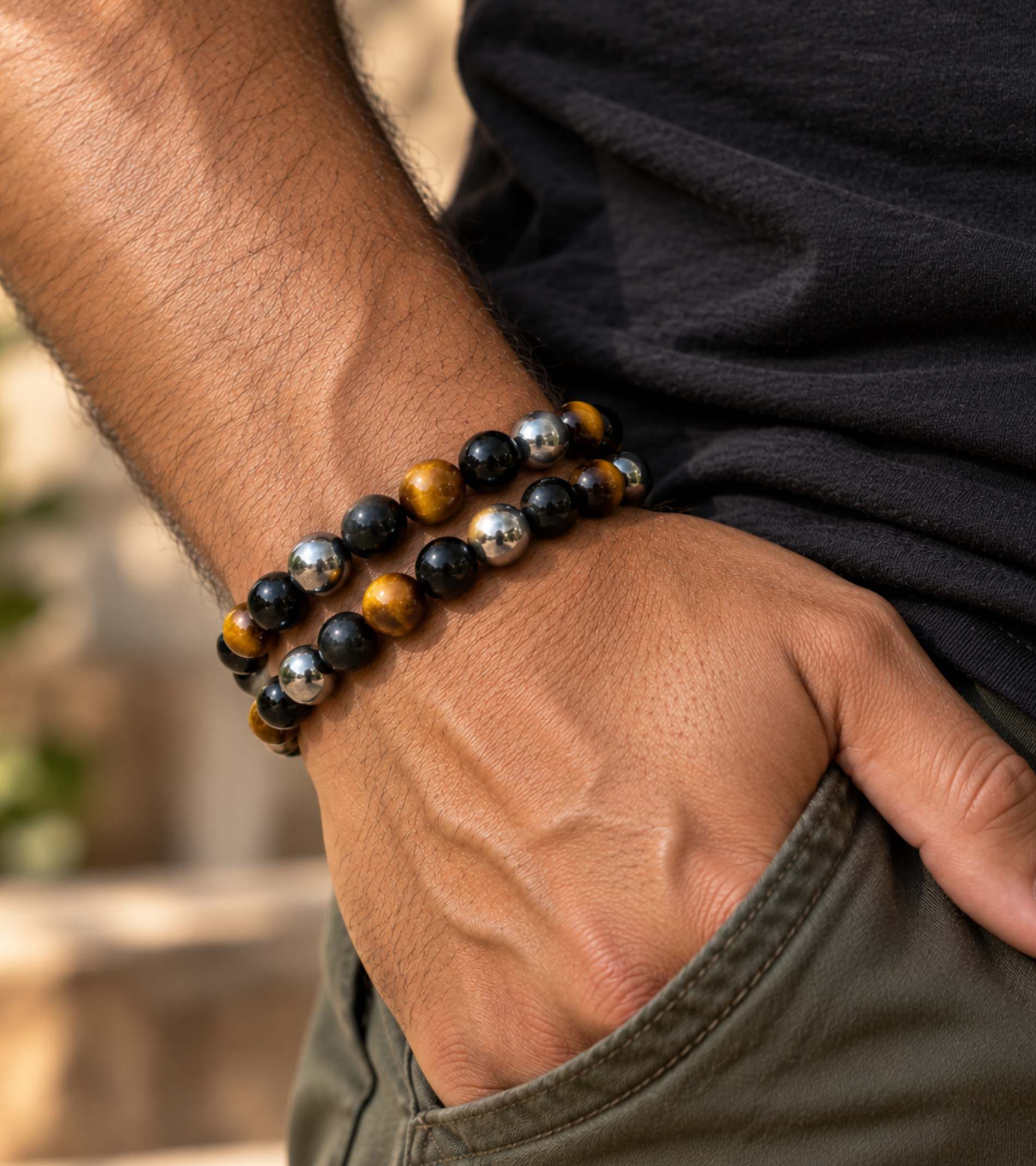 Two Secret Door Triple Protection Bracelets on Model