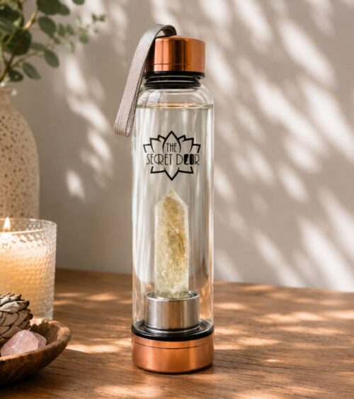 Citrine Elixir Crystal Water Bottle - Rose Gold with Sage